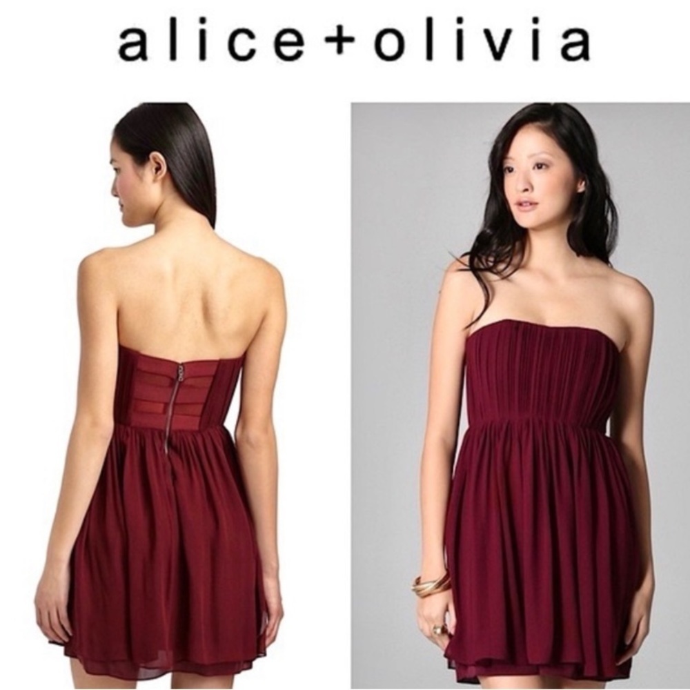 Alice + Olivia Wine Mckell Strapless Pleated Dress NWOT